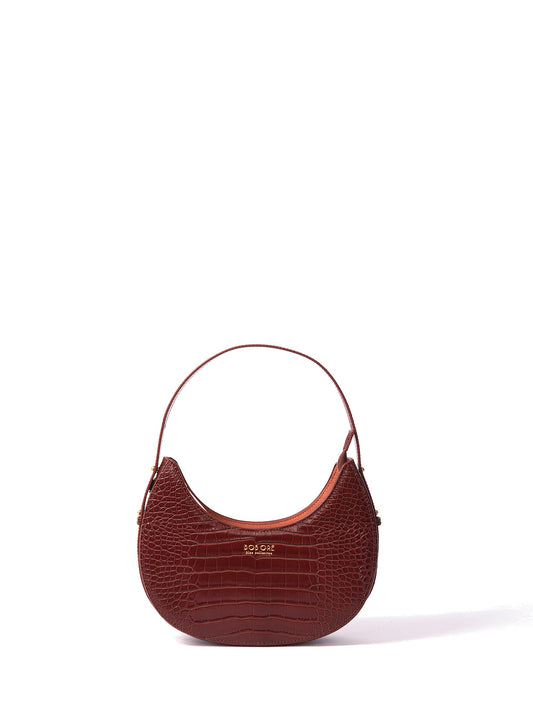 Naomi Leather Moon Bag with Croc-Embossed Pattern, Caramel