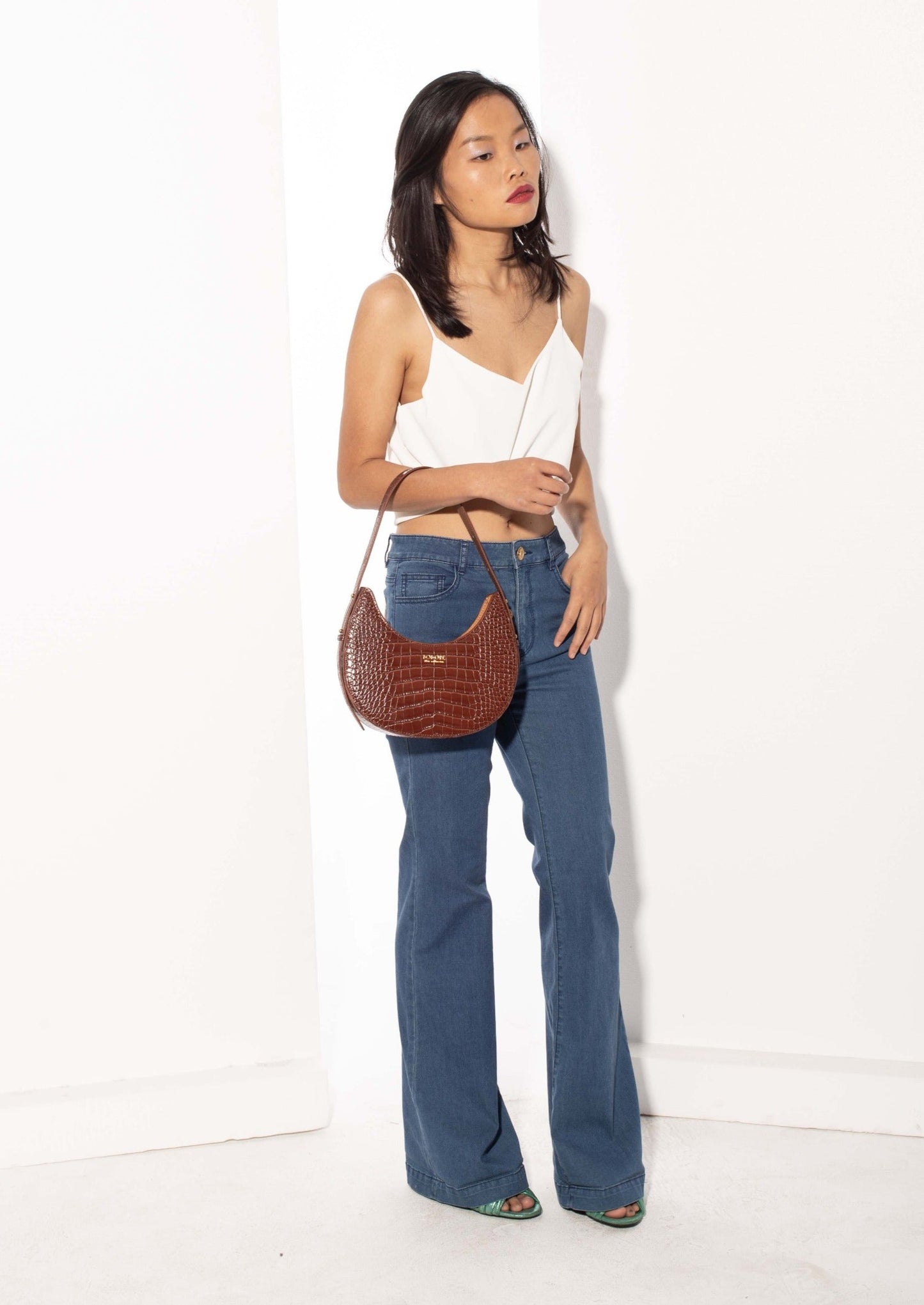 Naomi Leather Moon Bag with Croc-Embossed Pattern, Caramel