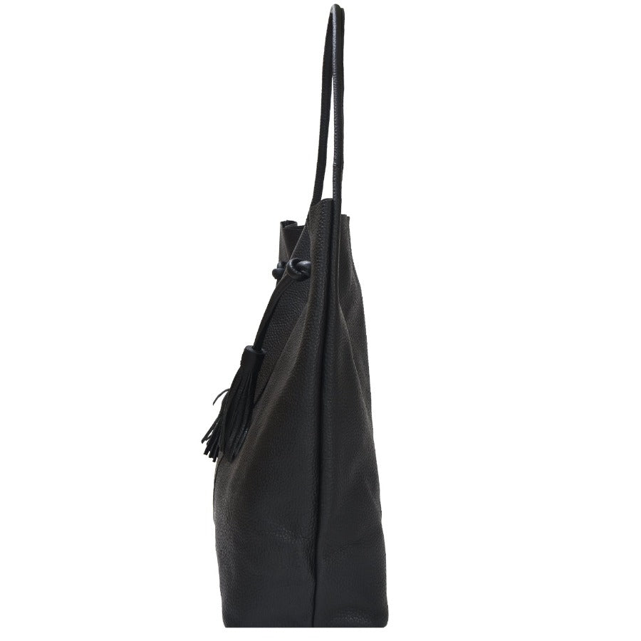 Black Drawcord Leather Hobo Shoulder Bag