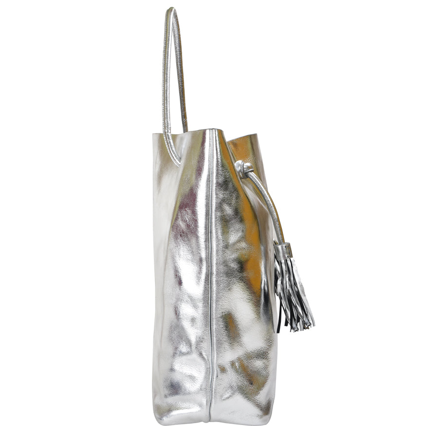 Silver Drawcord Metallic Leather Hobo Shoulder Bag