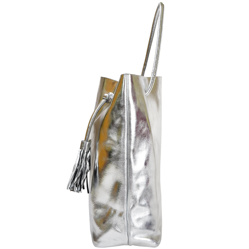 Silver Drawcord Metallic Leather Hobo Shoulder Bag