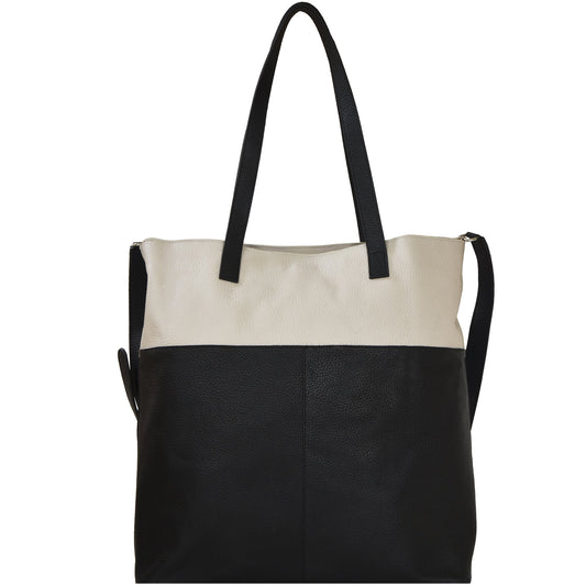 Ivory And Black Two Tone Leather Tote