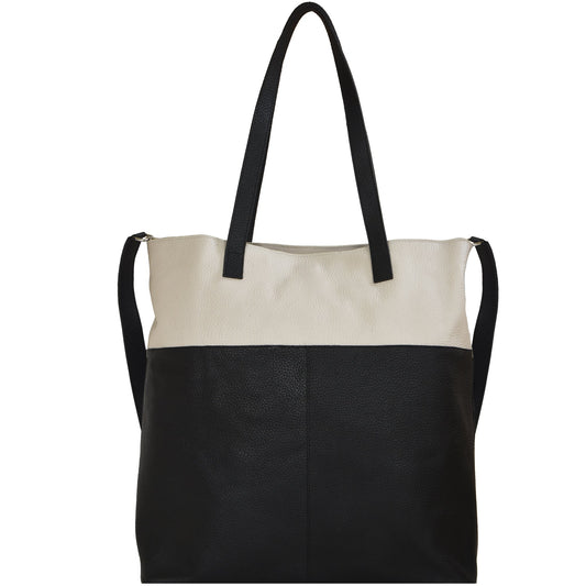 Ivory And Black Two Tone Leather Tote