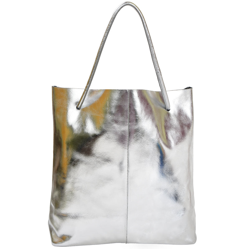 Silver Drawcord Metallic Leather Hobo Shoulder Bag