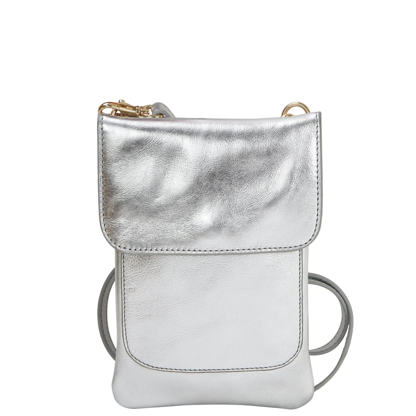 Silver Metallic Crossbody Leather Phone Bag