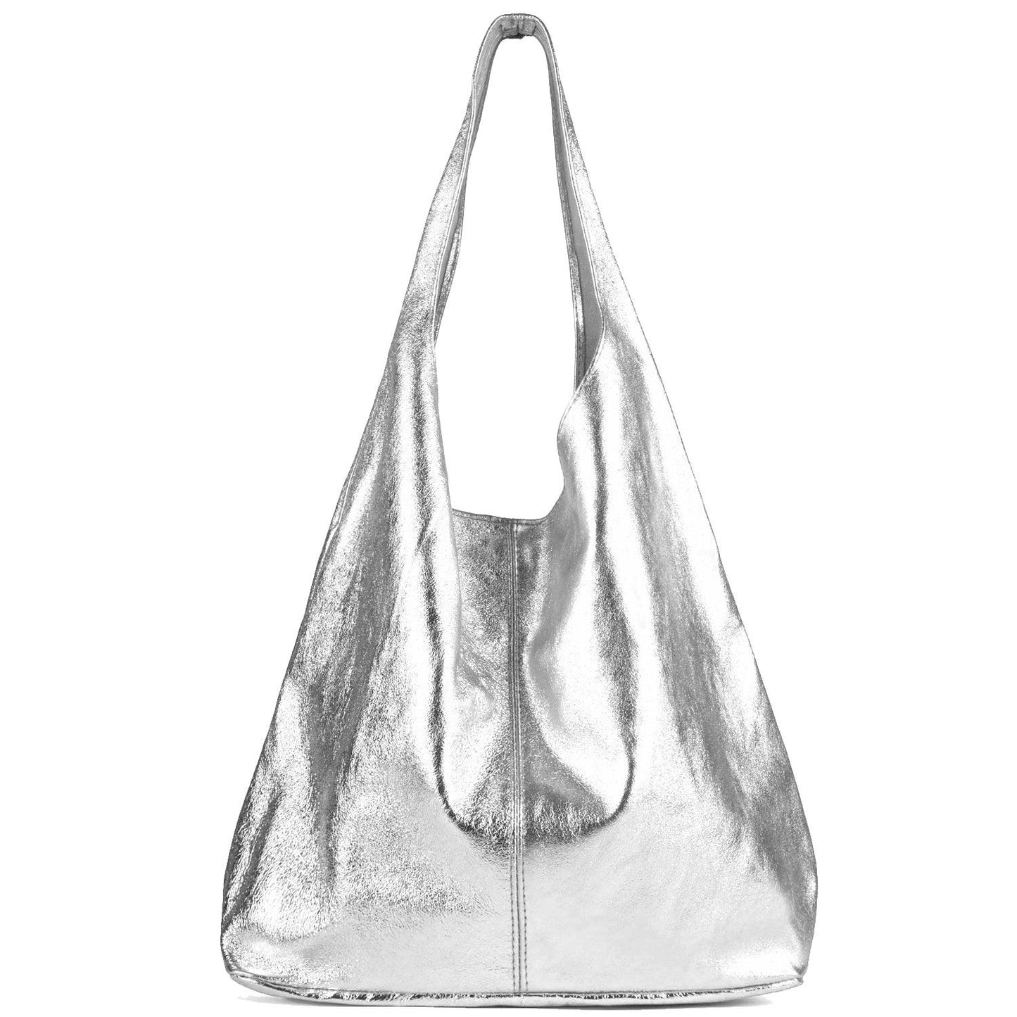 Silver Metallic Leather Hobo Shoulder Bag